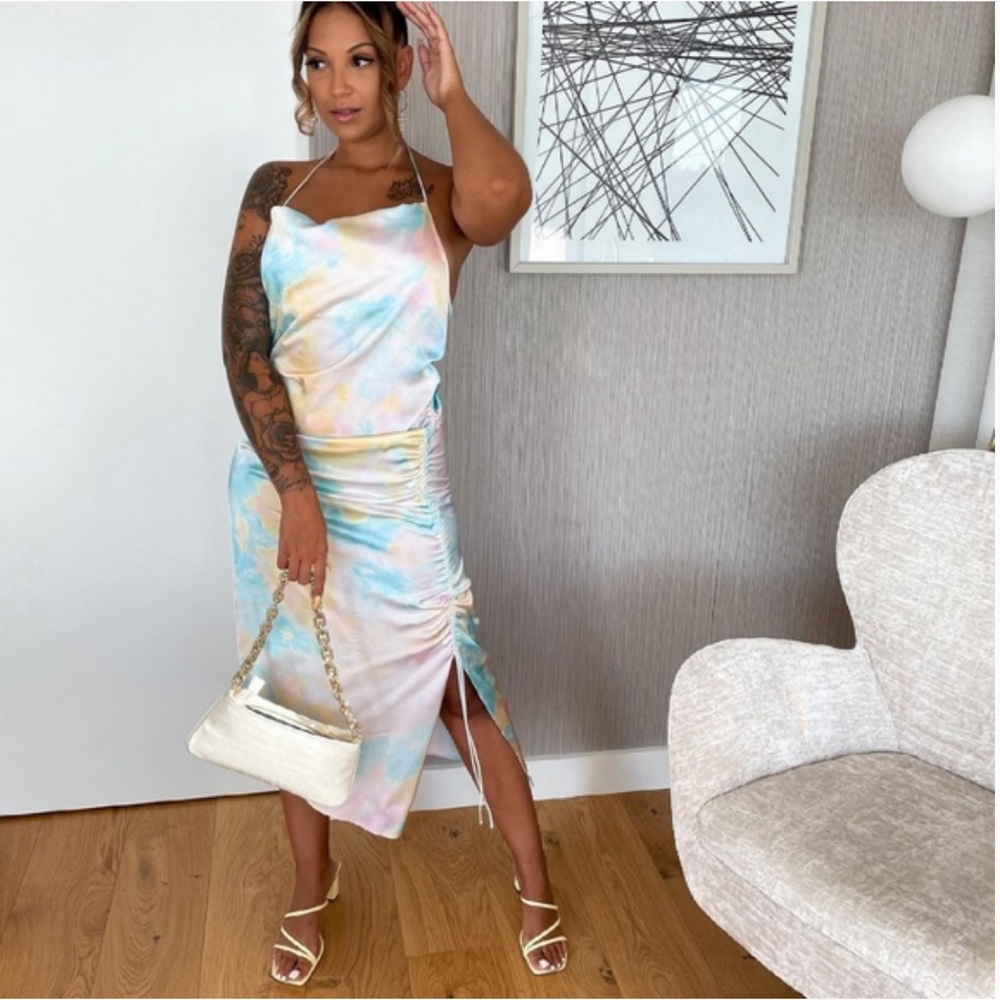 Zara TIE DYE SLIP SATIN MIDI DRESS W/ SLIT HEM Size XS NEW